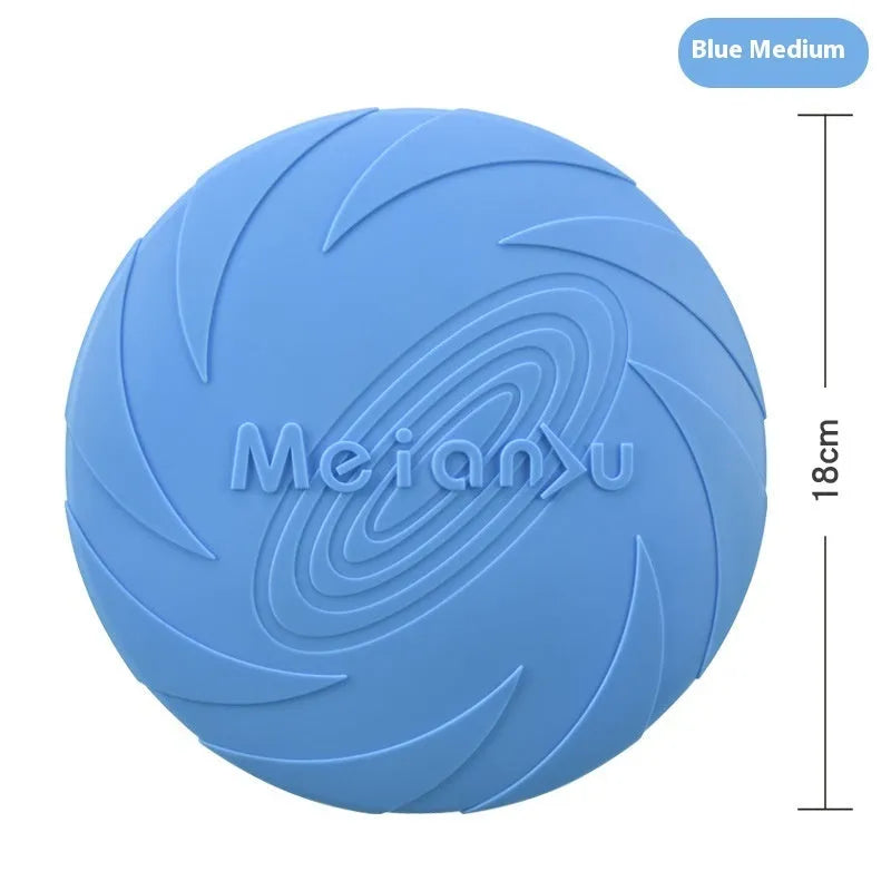 Soft rubber dog frisbee fetch toy shown in blue, green, and red colours for small, medium, and large sizes.