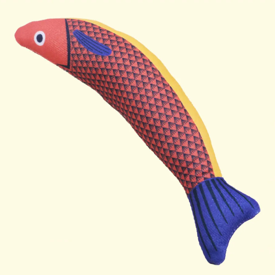 Soft plush catnip fish kicker toy in green, orange, or yellow colours for interactive cat play