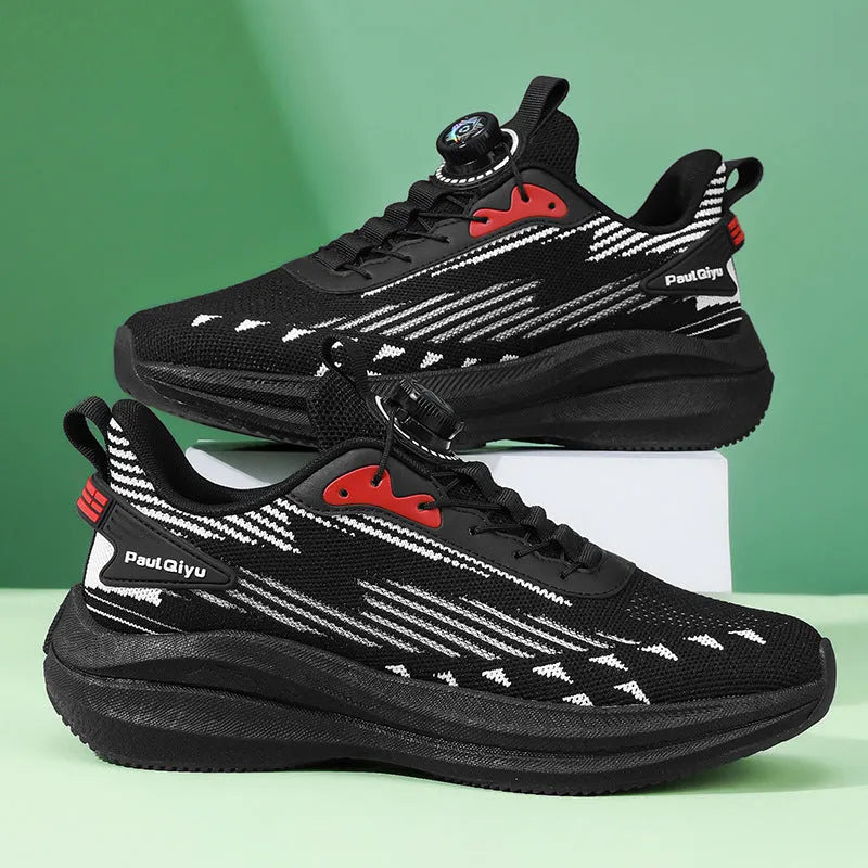 Men's white green rotating buckle Fly-kit mesh sports running shoes with TPU popcorn sole