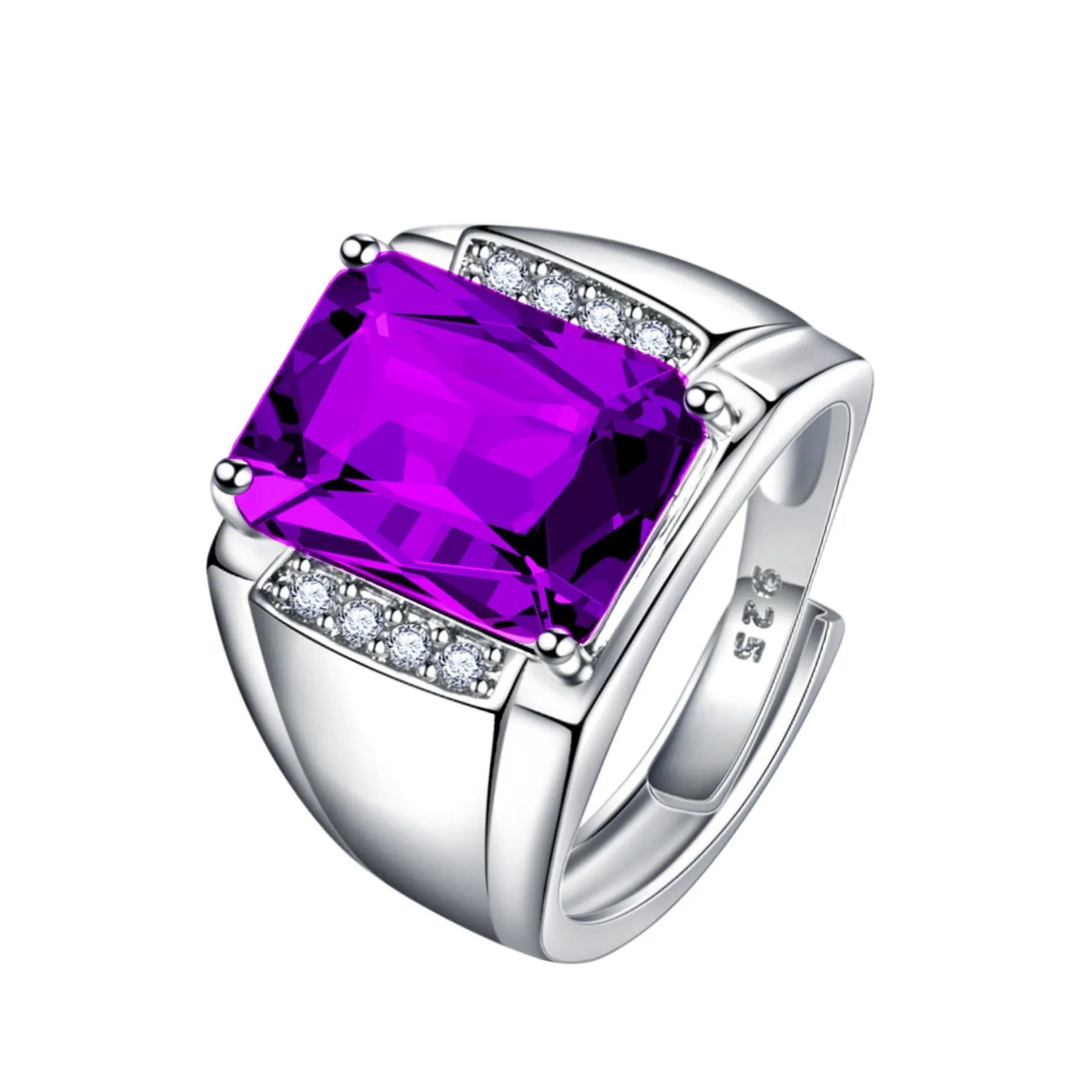 Open Brazil natural amethyst coloured gems ring with geometric design and adjustable opening in copper.