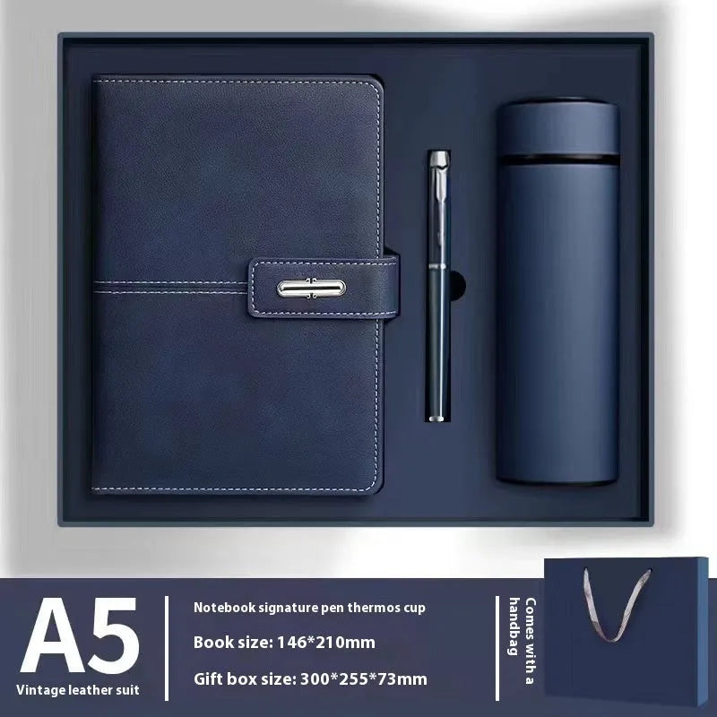 Custom A5 notebook with imitation leather cover in Business Black showing wood-free paper interior pages