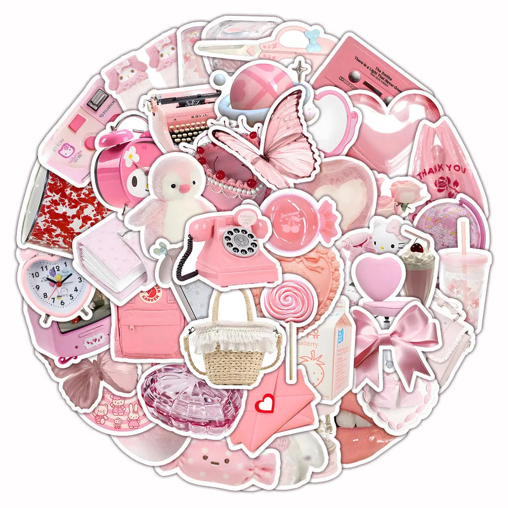 Pink girl heart decorative stickers with realistic 3D appearance in cute style, 63 pieces per pack