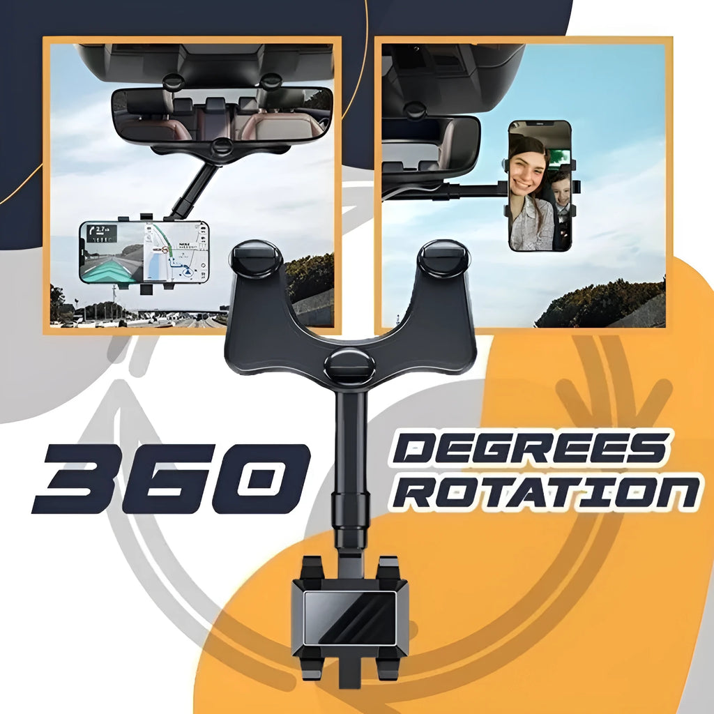 Black rearview mirror phone holder with 360-degree rotation and telescopic arm extended