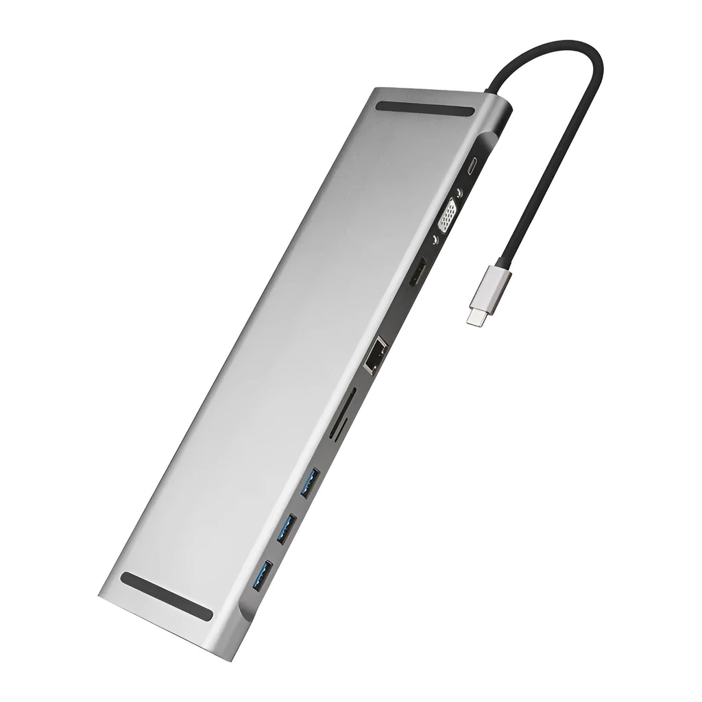 Grey aluminium laptop docking station with cooling bracket and ten ports including HDMI, VGA, and Ethernet.