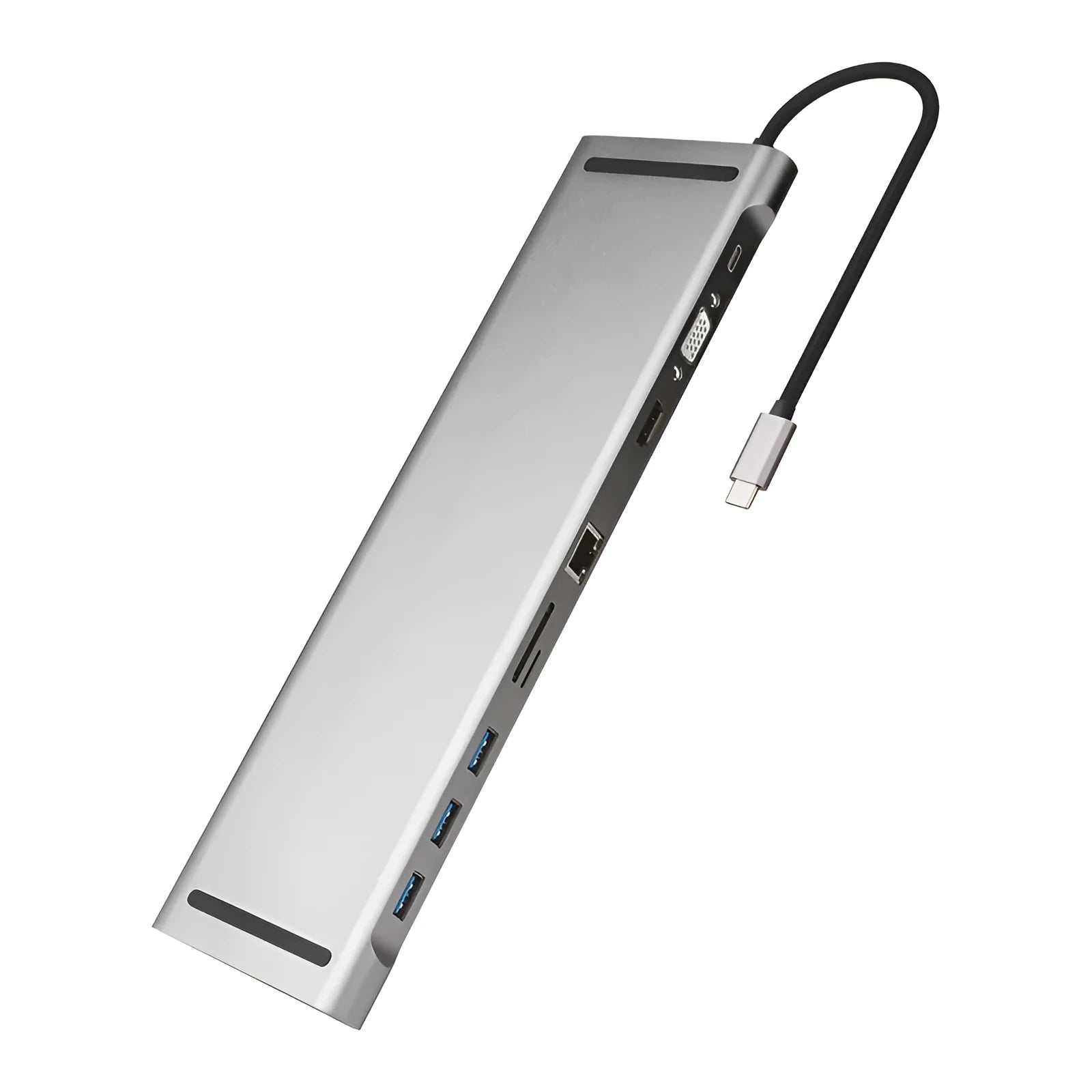 Grey aluminium laptop docking station with cooling bracket and ten ports including HDMI, VGA, and Ethernet.