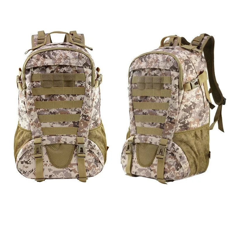 Outdoor mountaineering backpack in Oxford cloth shown in a camouflage colour with air pillow belt system.