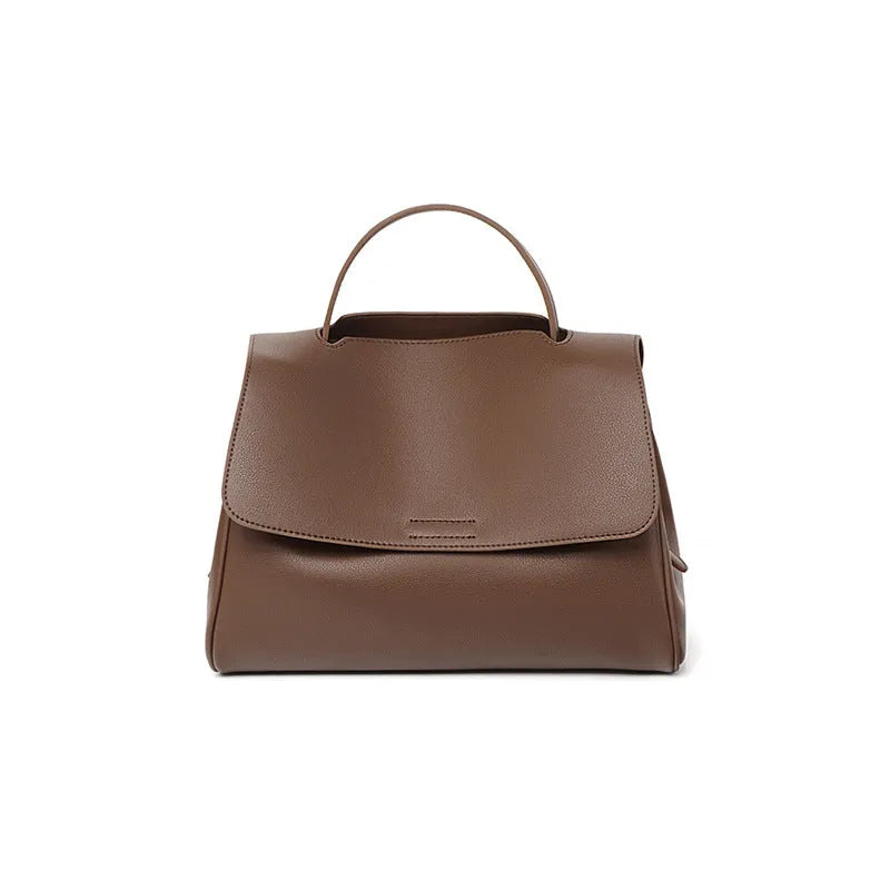 Genuine two-layer cowhide leather crossbody shoulder bag for women, horizontal square shape, solid colour with visible sewing thread detail
