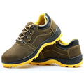 Bronze coloured leather men's steel toe safety shoes with a low-cut design and anti-skid sole.