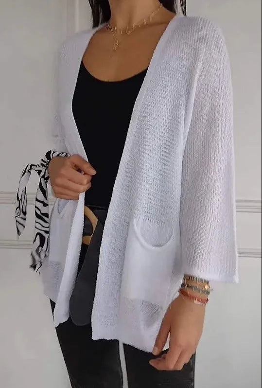 Women's thin waffle knit cardigan coat with nine-quarter sleeves and front pockets in army green.