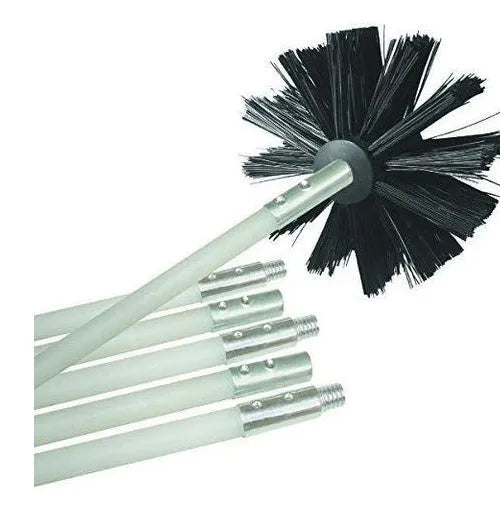 Flexible chimney cleaning brush with nylon bristles for dryer and range hood ducts.