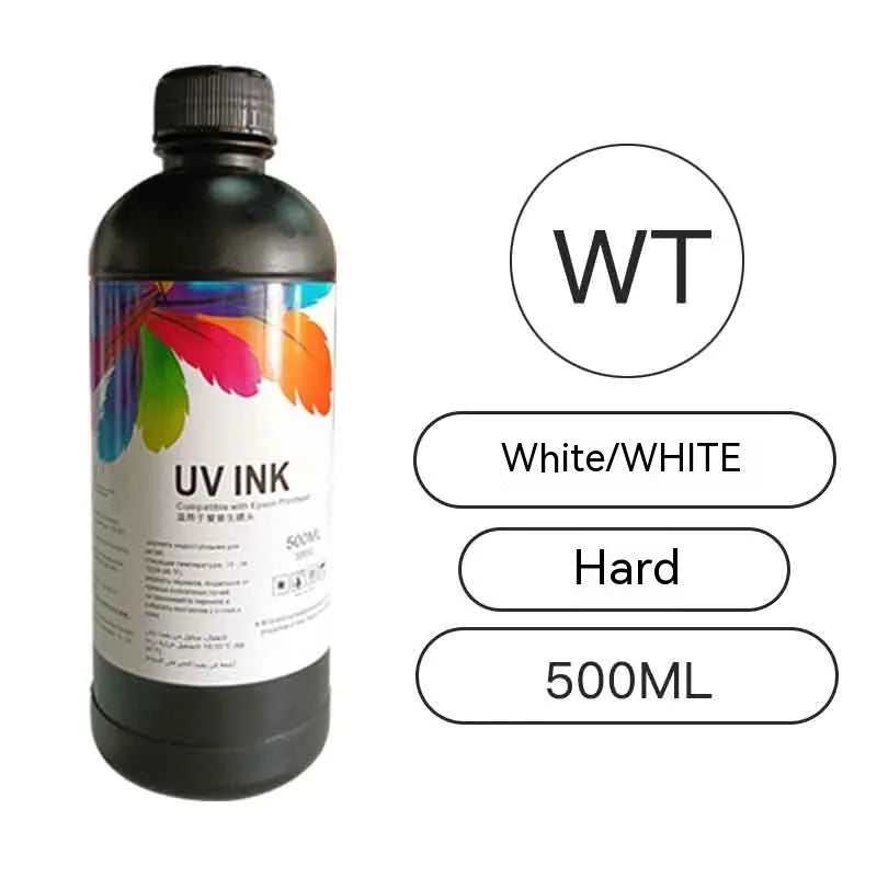 500ml bottle of Epson UV printer ink for XP600 TX800 F186000 F189000 models, showing colour options.