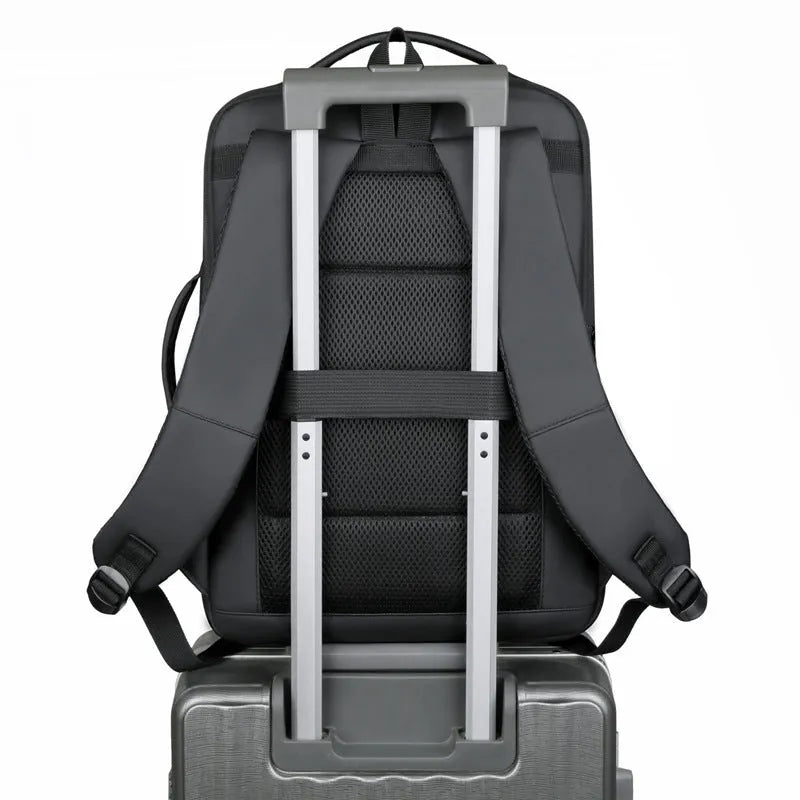 Black waterproof Oxford cloth business backpack with curved shoulder straps and laptop compartment