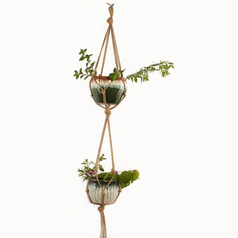 Woven wire cotton rope macramé plant hanger in a European village style, shown as a desktop, wall-mounted, and hanging basin.