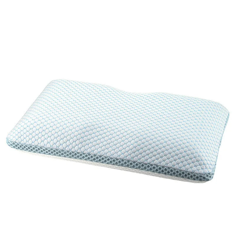 Household cervical memory foam pillow in white and blue, 63x36x13.5cm, with contoured neck support shape