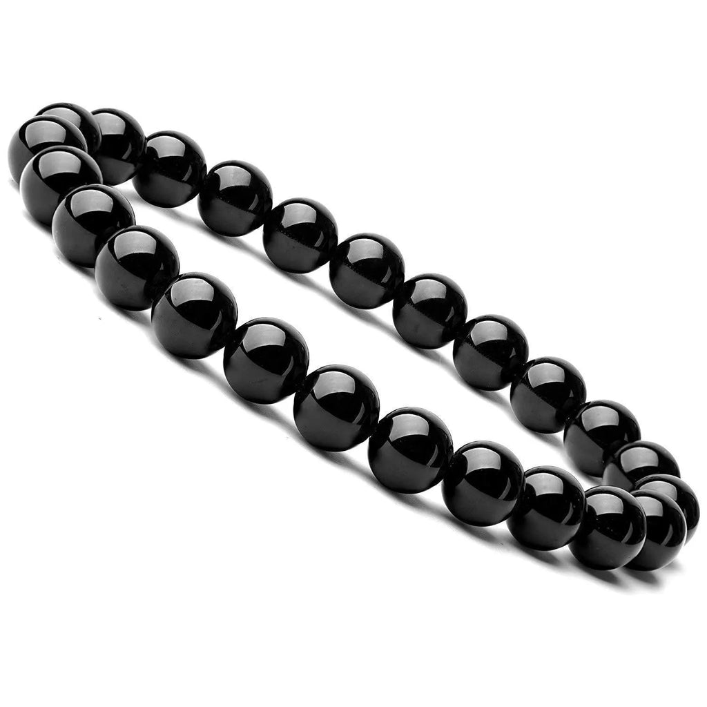 Geometric black agate bead bracelet for women with 8mm stones on a stretch elastic cord.