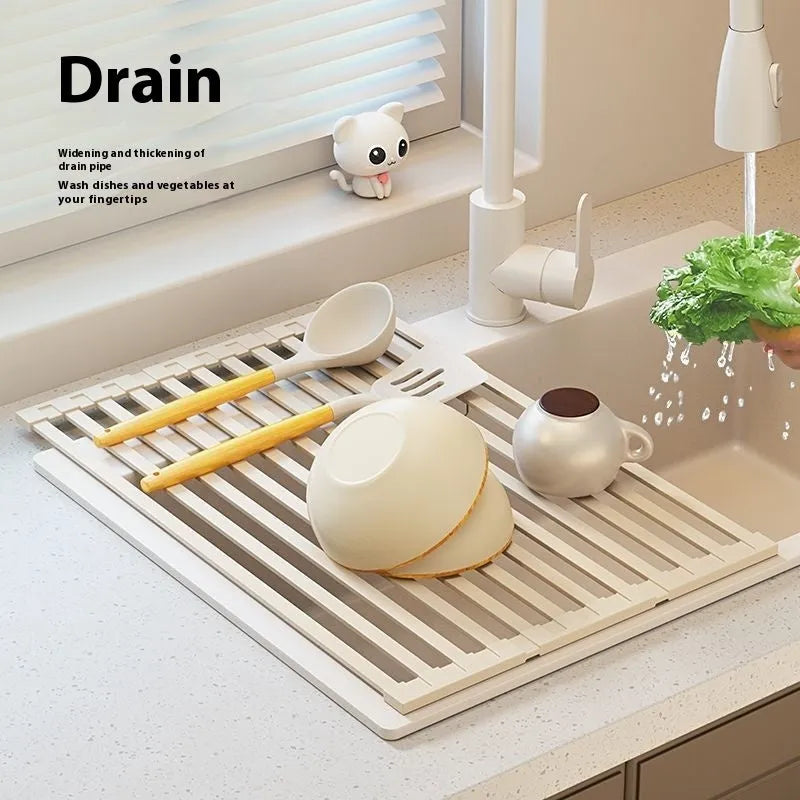 304 stainless steel kitchen draining rack with milky white finish and tri-fold design