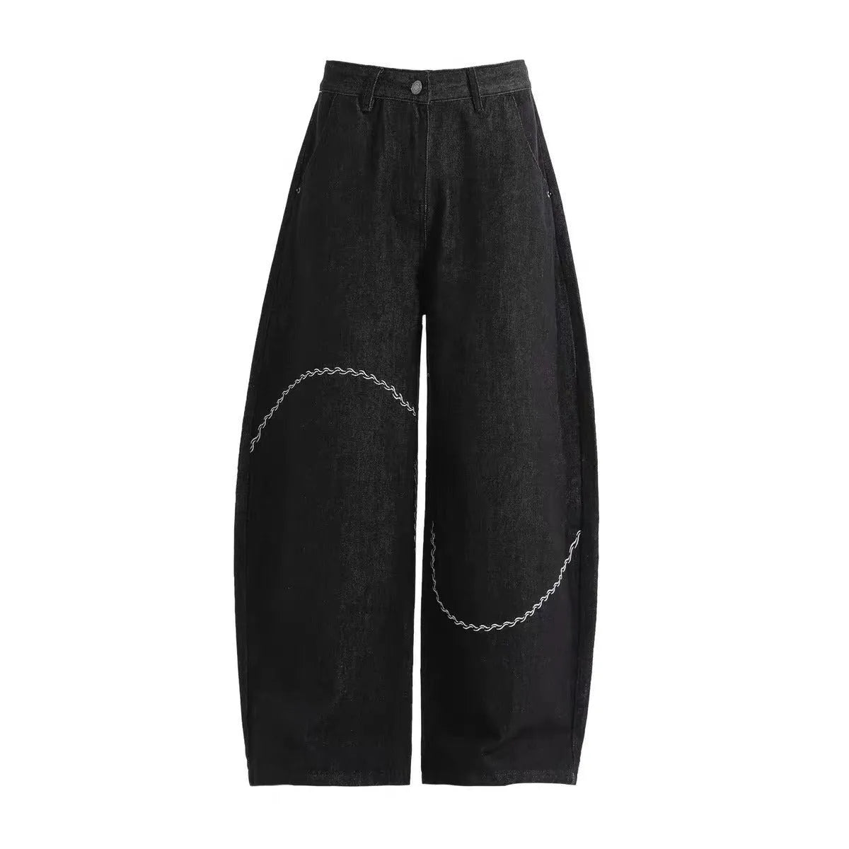 Black straight-leg polyester denim trousers on a hanger, showing mid-waist fit and zip fly.