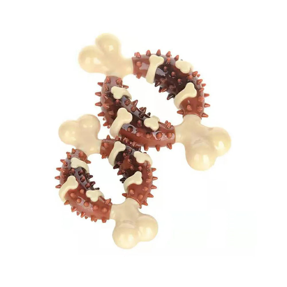 A bone-shaped natural rubber dog molar chew toy shown in two sizes for teeth grinding.