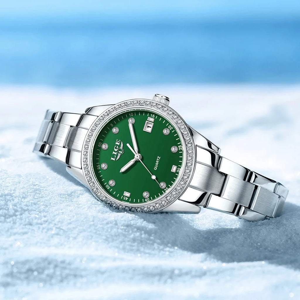 Women's fashion quartz watch with diamond-encrusted dial and luminous hands in stainless steel case