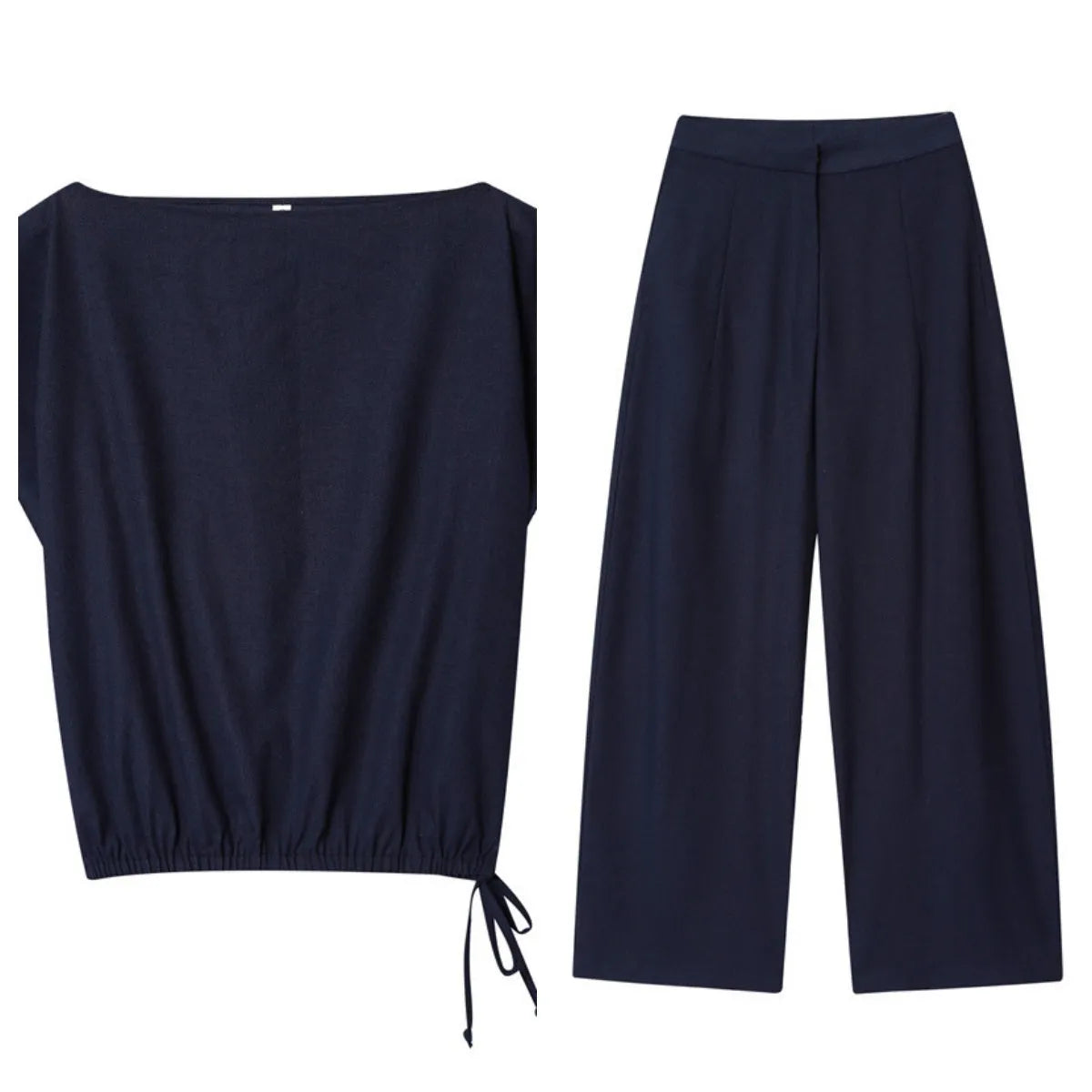 Women's two-piece co-ord set with flounced sleeve shirt top and wide leg trousers