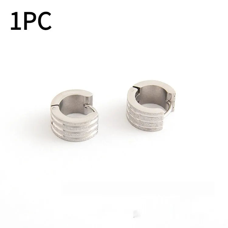 Geometric three-line frosted titanium steel earrings in black, gold, or steel colour on a white background.