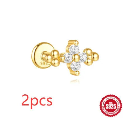 S925 sterling silver geometric moon and star earrings with cubic zirconia stones in a gold tone finish.