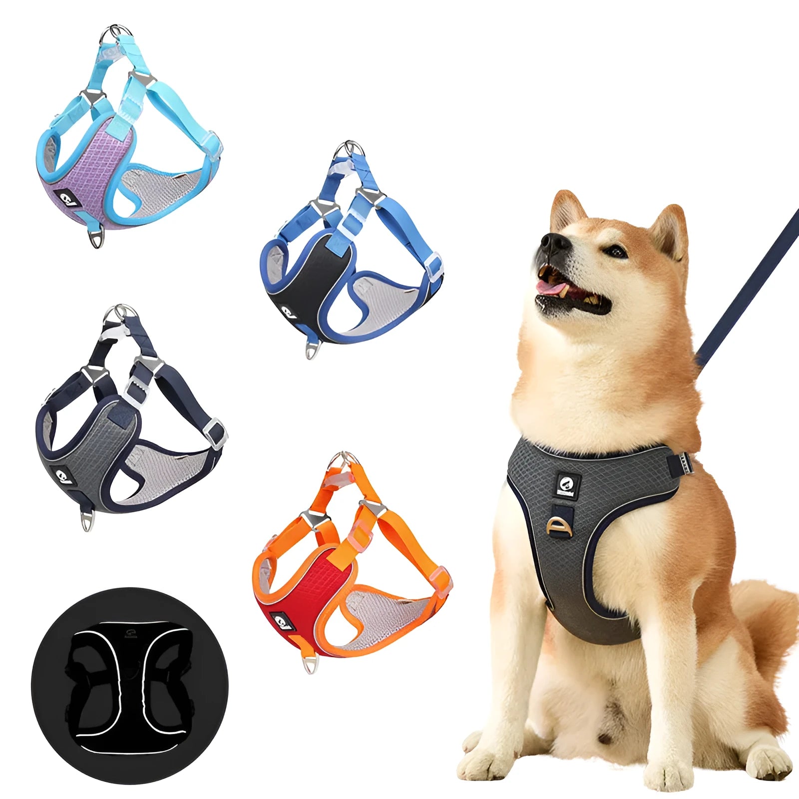 Adjustable mesh dog harness with reflective trim in multiple colours for small medium pets