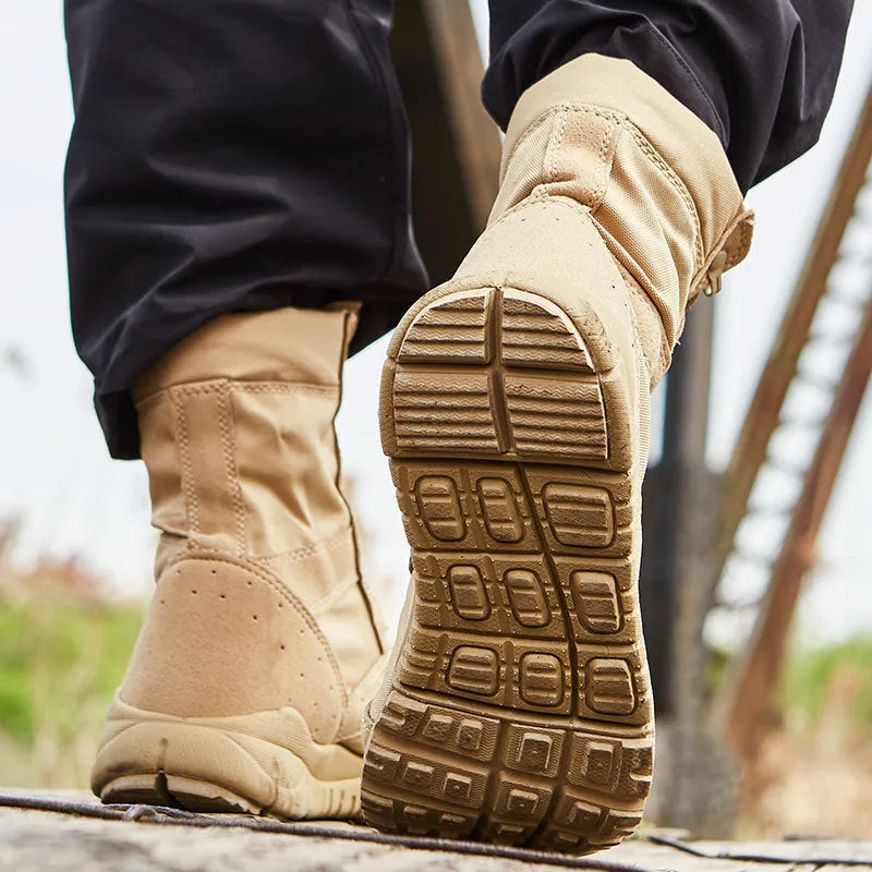 Yulong tactical desert combat boots in black and sand colour for outdoor activities.