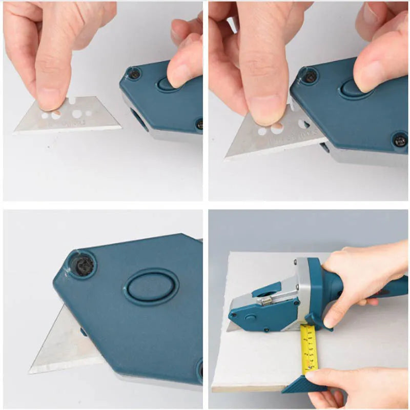 Blue aluminium alloy woodworking cutter with TPR plastic handle and a measuring scale.