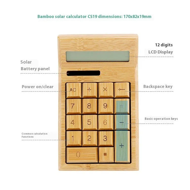Solar-powered bamboo calculator in CS18 flat plate style on a desk, with solar panel visible
