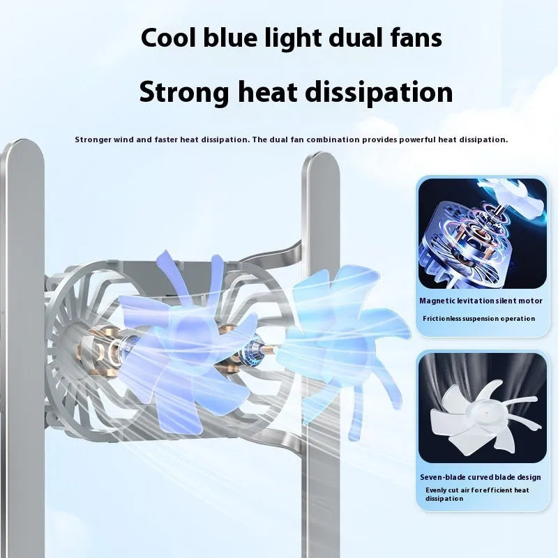 Silver aluminium laptop stand with dual cooling fans in folded position on desk