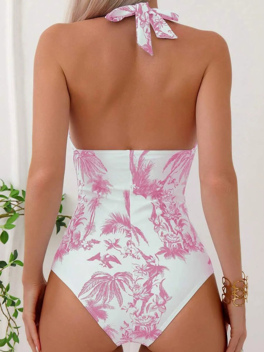 Women's printed V-neck one-piece swimsuit showing colour options including apricot, black coconut tree and emerald