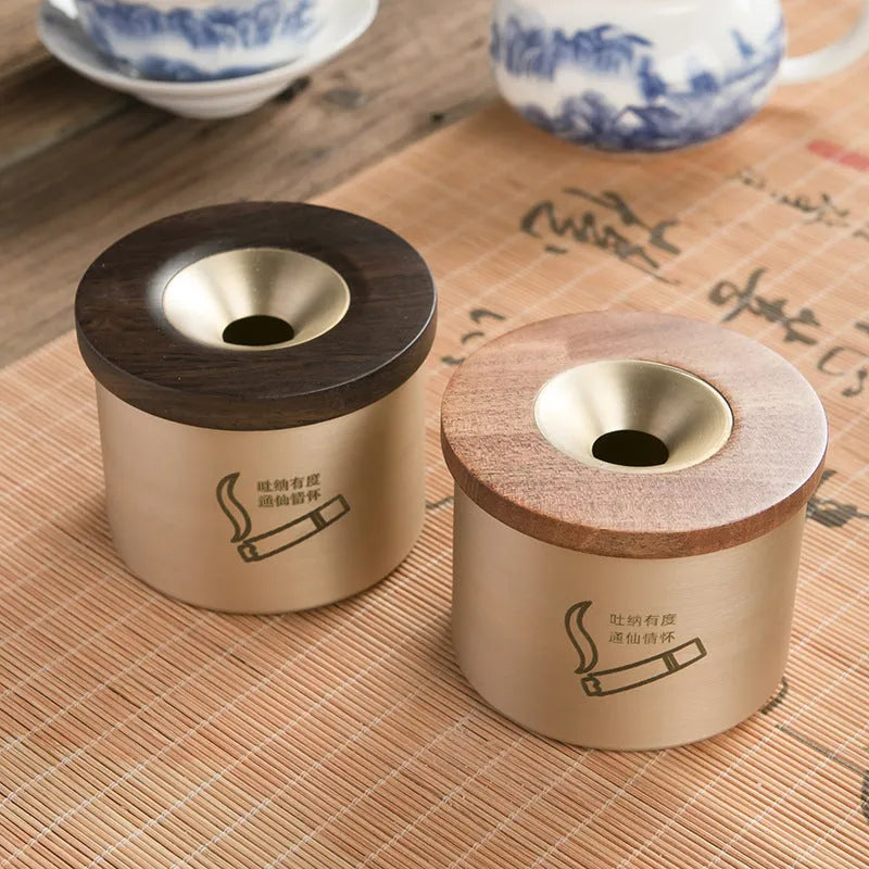 Brass ashtray with wooden lid featuring retro design for living room decor