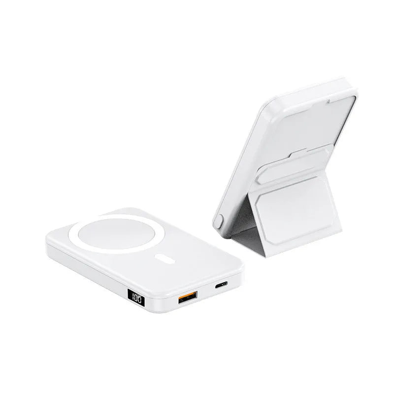Magnetic wireless charging power bank with folding stand in pearl white colour.