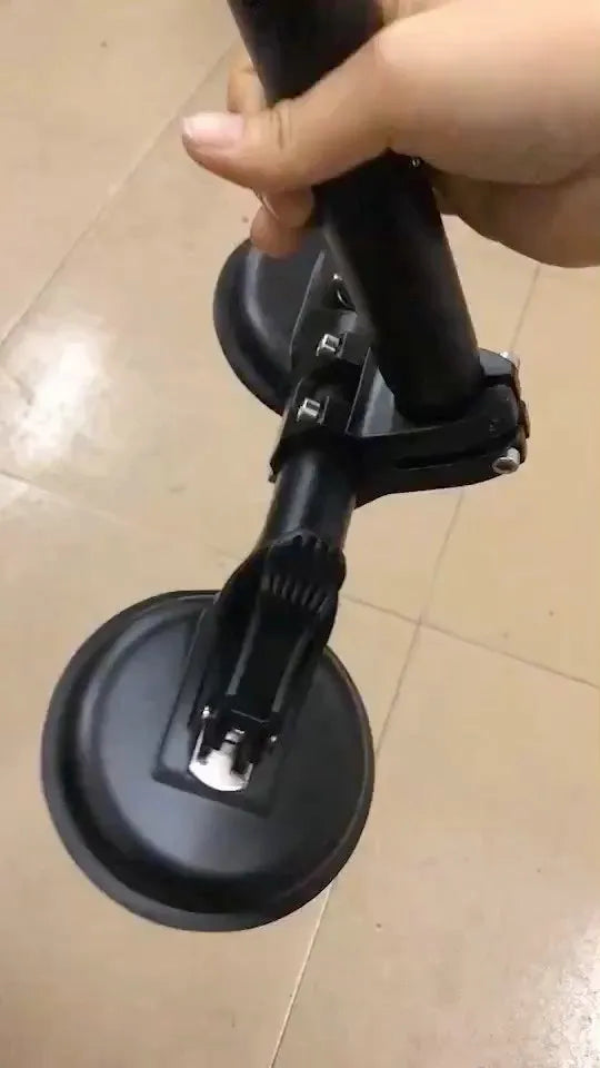Black off-road car flagpole sucker base with round glass suction cup and rubber disc.