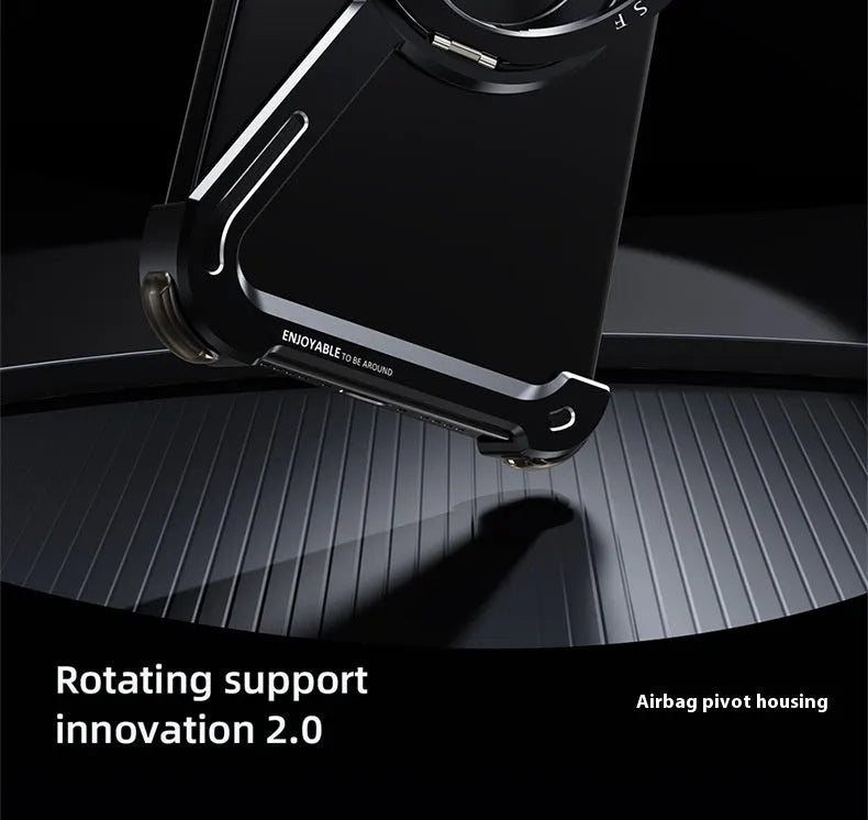 Black metal phone case for iPhone 17 Pro Max showing the built-in magnetic bracket and electroplated finish.