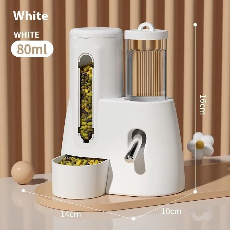 White, blue, and pink hamster automatic water feeder and food basin set on a white background.