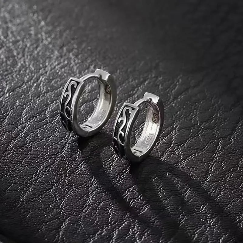 Men's geometric copper earrings in silver, shown in 10mm and 14mm sizes on a plain background.