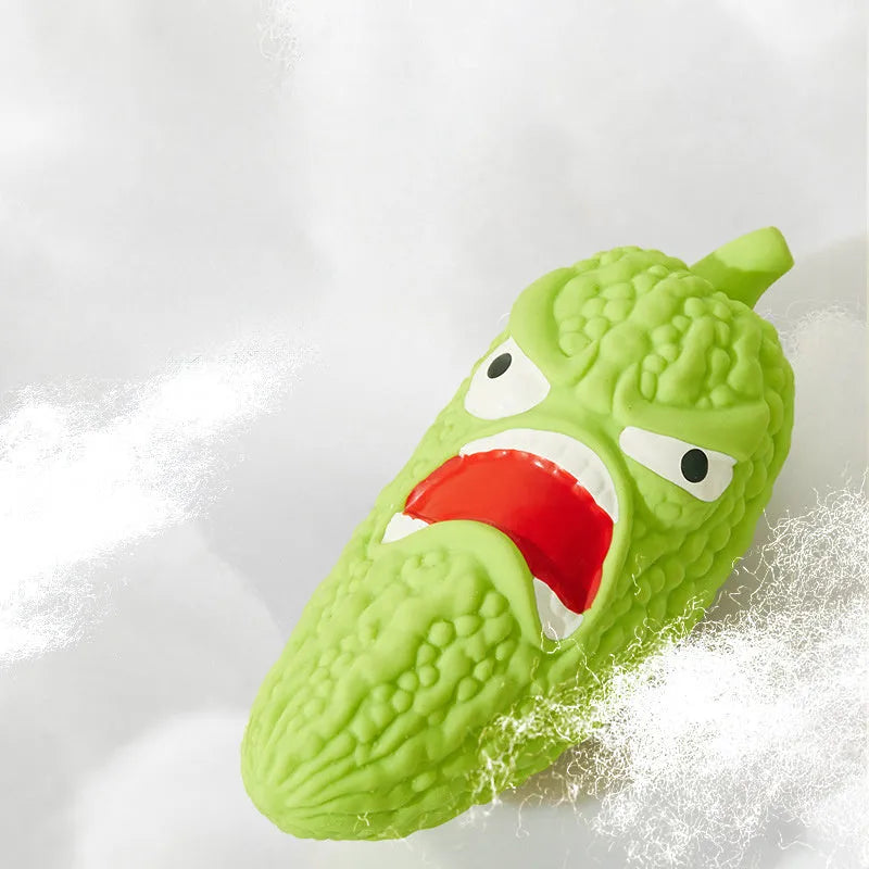 Bitter melon and chilli shaped dog toy with textured teeth cleaning surfaces and sound effects