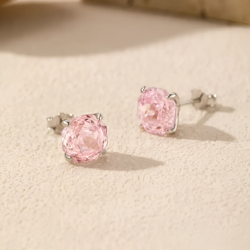 Pink S925 sterling silver rose stud earrings in 6mm or 8mm floral designs for women