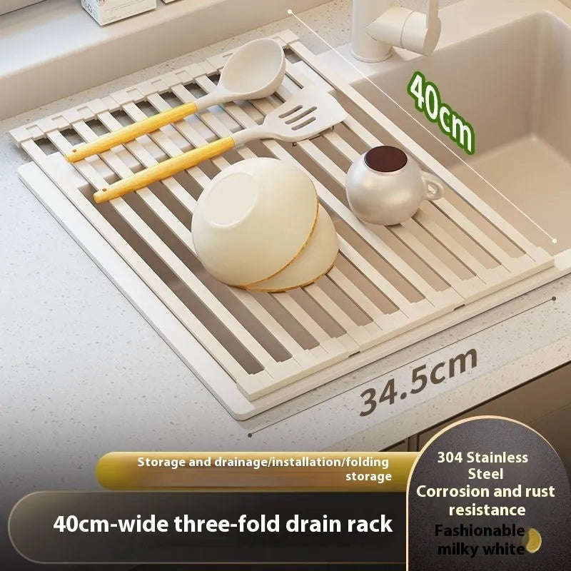 304 stainless steel kitchen draining rack with milky white finish and tri-fold design