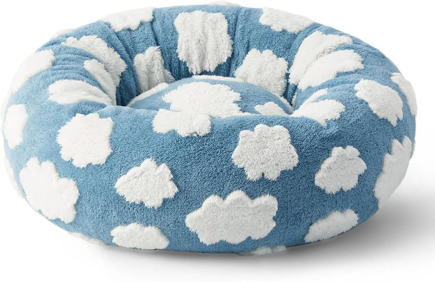 Round plaid-patterned dog bed on a floor, shown in a blue and white colour variant.