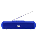 Long strip wireless desktop subwoofer speaker in black, showing Bluetooth and FM radio functions.