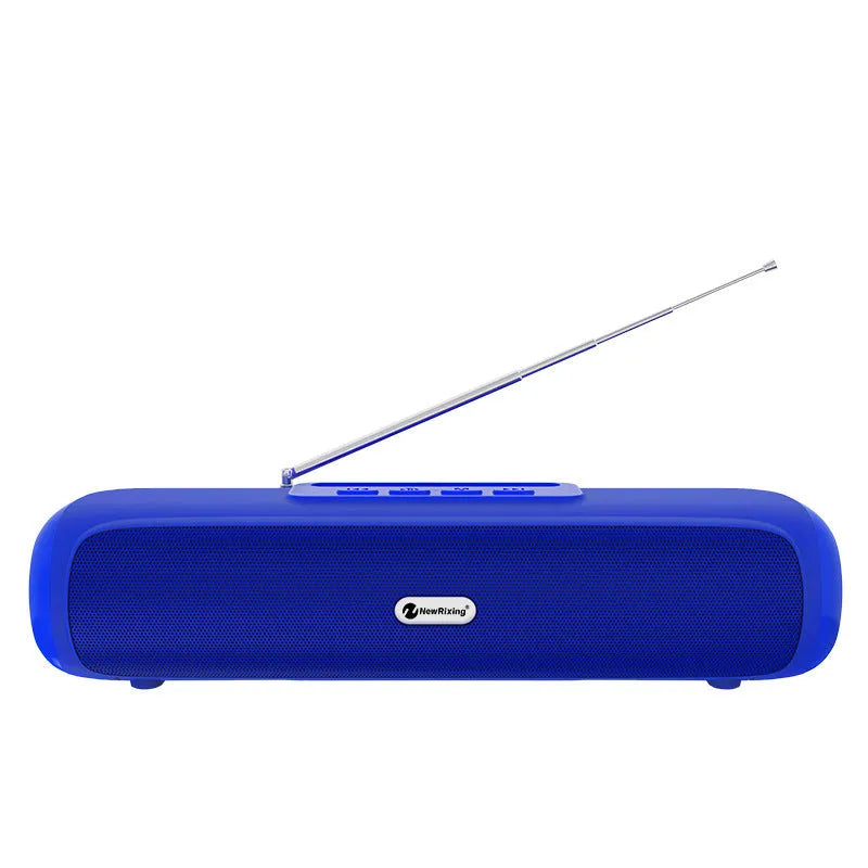 Long strip wireless desktop subwoofer speaker in black, showing Bluetooth and FM radio functions.