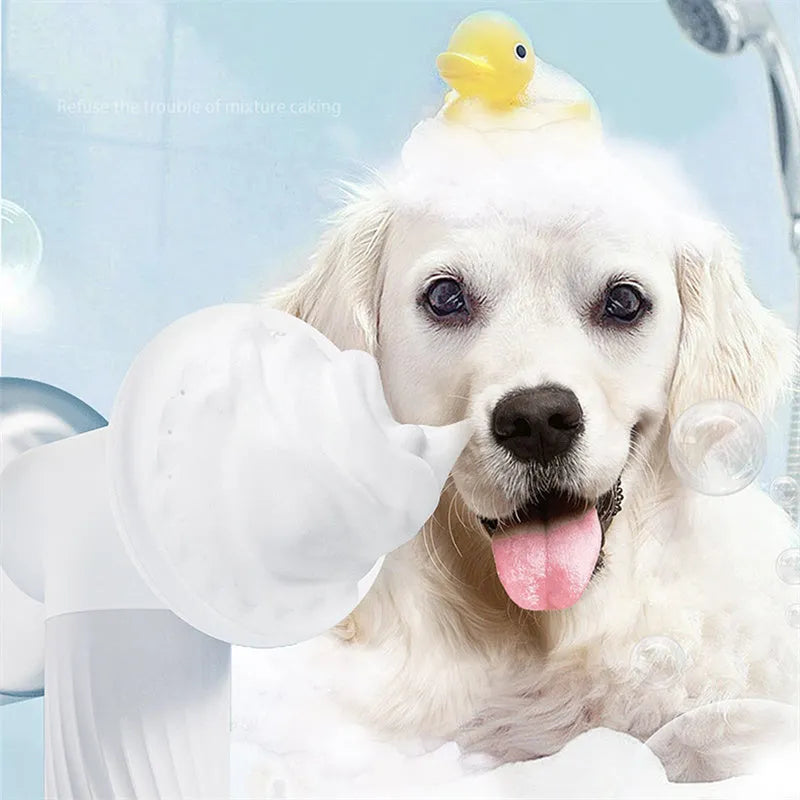Automatic foaming dog bath brush with soap dispenser and silicone bristles on a white background