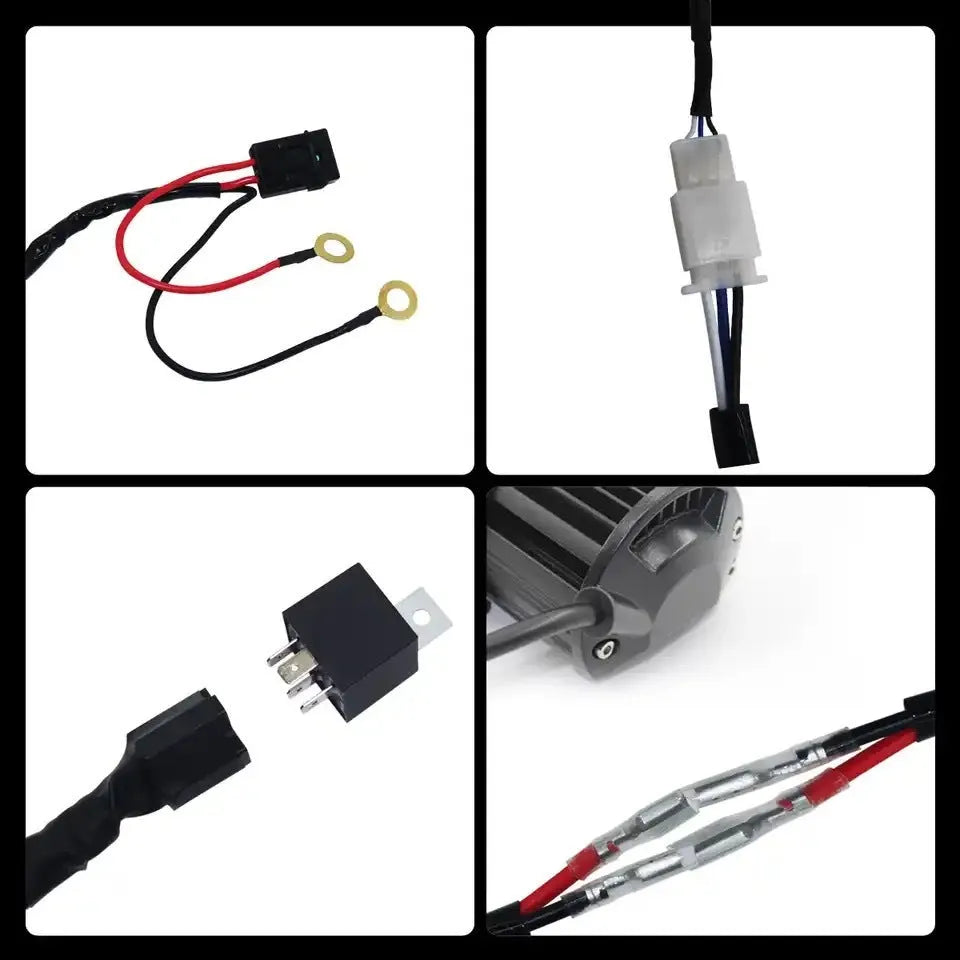 LED work light wiring harness with 2 metre silicone cable and one-to-two connection for automotive roof spotlights
