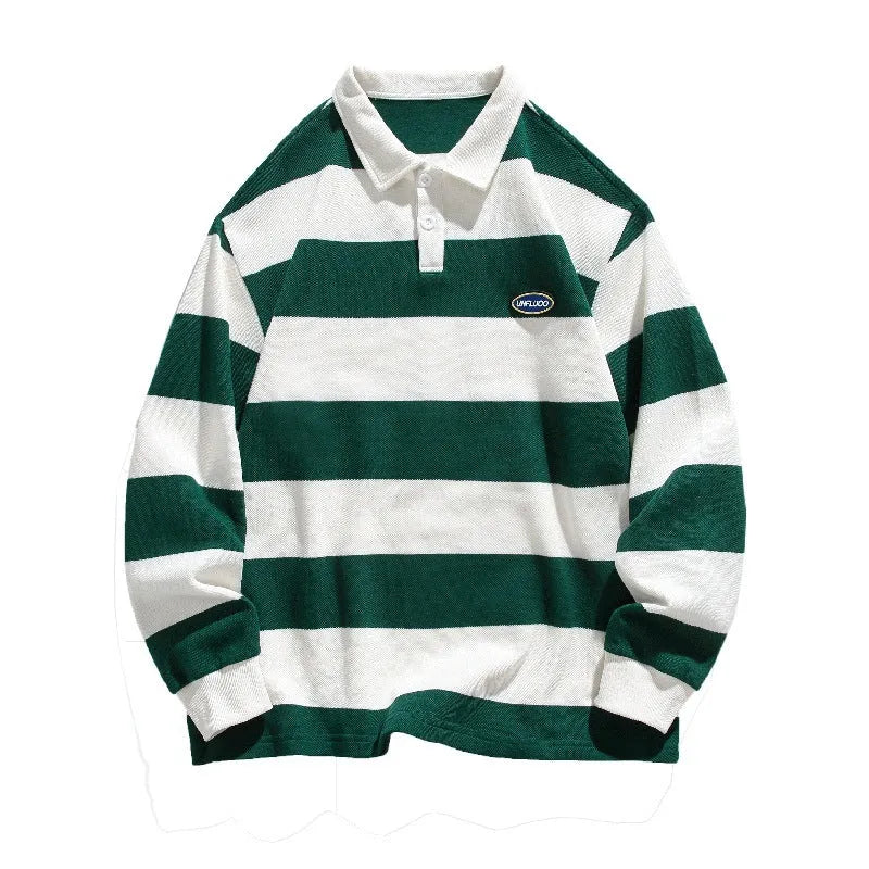 Hong Kong style pearl cotton polo shirt with striped lapel in autumn colours