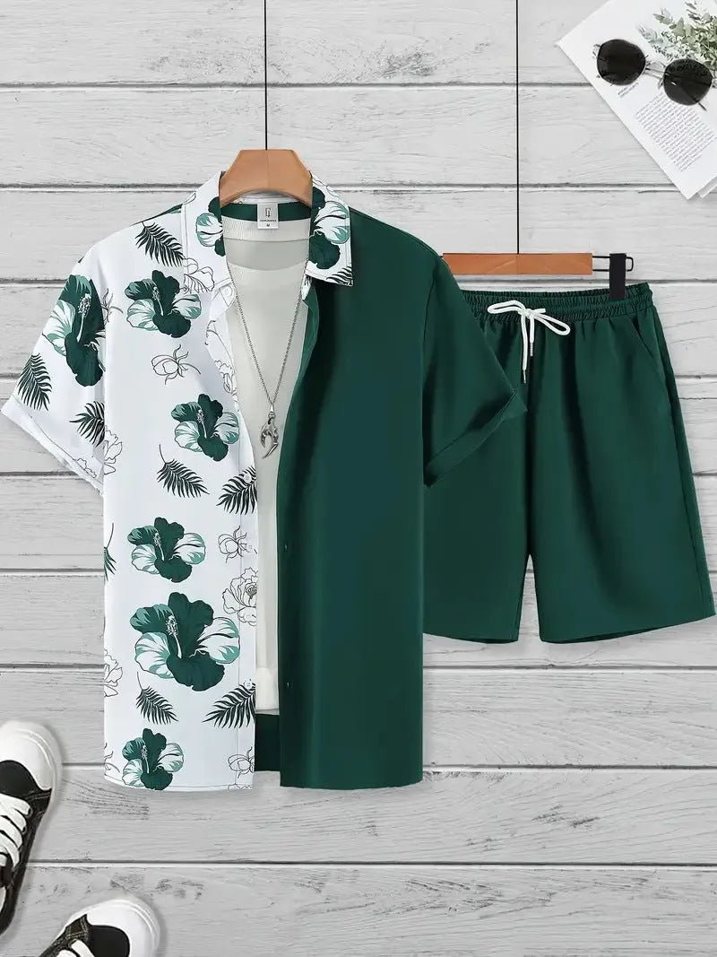 Men's Hawaiian 3D printed short sleeve suit with matching trousers in various colours
