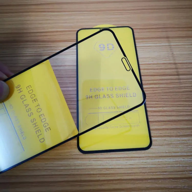 Black full screen glass tempered film for Xiaomi mobile phones on a white background.