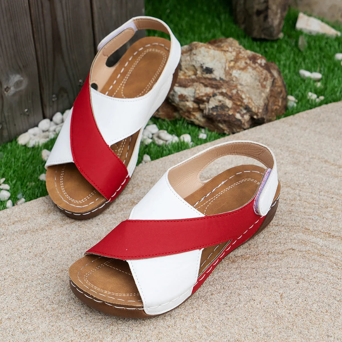 Women's summer colourblock cross-strap wedges sandals with Velcro fastening in round toe style